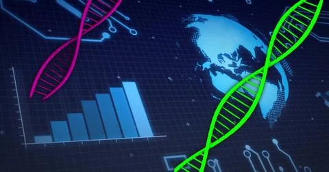 DNA strands and data charts image over world map background 스톡 일러스트