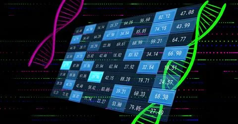 DNA strands and data processing image over digital grid with numbers Stock Illustration