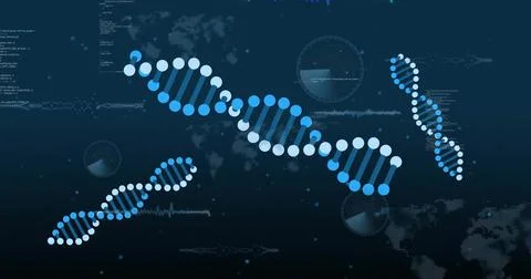 DNA strands and data processing image over world map background 스톡 일러스트