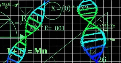 DNA strands and mathematical equations over green grid background Illustrazione stock
