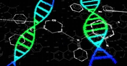 DNA strands and molecular structures, scientific data processing image Stock Illustration