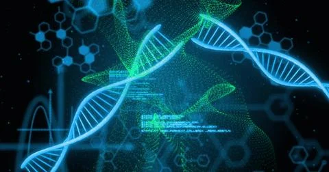 DNA strands and molecular structures with data processing image イラスト素材