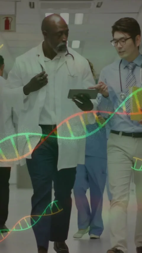 DNA strands animation over doctors walking and discussing in hospital corridor Stock Footage 342010633