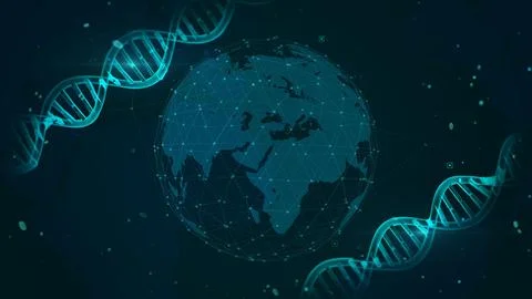 DNA Strands Surround Globe in Digital Futuristic Design Illustrazione stock