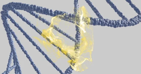 DNA strands with yellow particles, scientific data processing animation Stock Footage 305816809