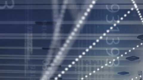 DNA structure and changing numbers against empty server room Stock Footage 312301134