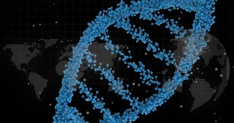Dna structure and data processing over world map and spinning globe against Stock Footage 326035897