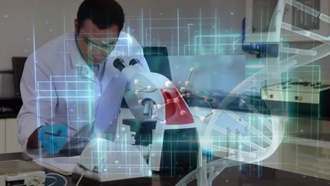 Dna structure and data processing against caucasian male scientist using Stock Footage 329123062
