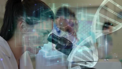 Dna structure and data processing against caucasian female scientist using Stock Footage 330664050