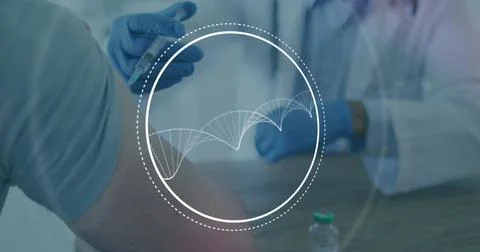 Dna structure and data processing against mid section of doctor injecting 스톡 일러스트