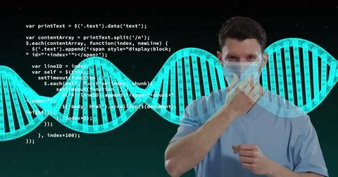 Dna structure and data processing against caucasian male health worker adjusting Stock Photos