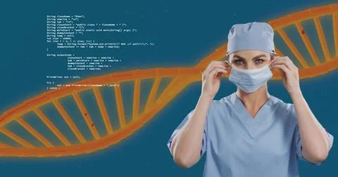 Dna structure and data processing against portrait of female health worker Stock Photos