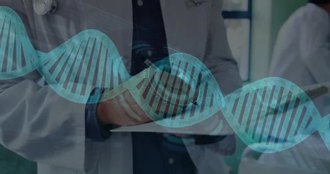 DNA structure and scope scanning against mid section of male doctor taking notes Stock Footage 139522258