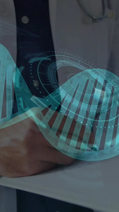 DNA structure and scope scanning against mid section of male doctor taking notes Stock Footage 343713823