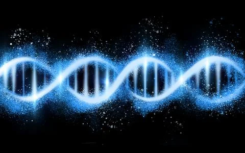 DNA structure, genetic code isolated on black background, science with neon blue Stock Photos