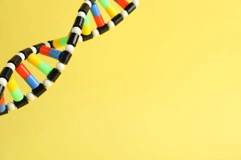 DNA structure model on yellow background, closeup. Space for text 스톡 사진