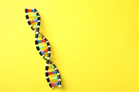 DNA structure model on yellow background, top view. Space for text 스톡 사진