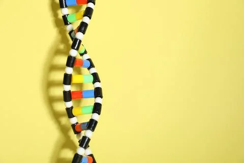 DNA structure model on yellow background, space for text 스톡 사진