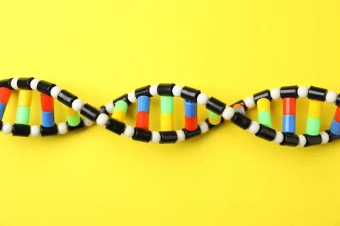 DNA structure model on yellow background, top view Stock Photos