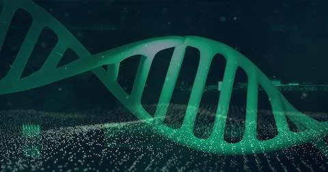 Dna structure spinning against digital wave on blue background 스톡 사진