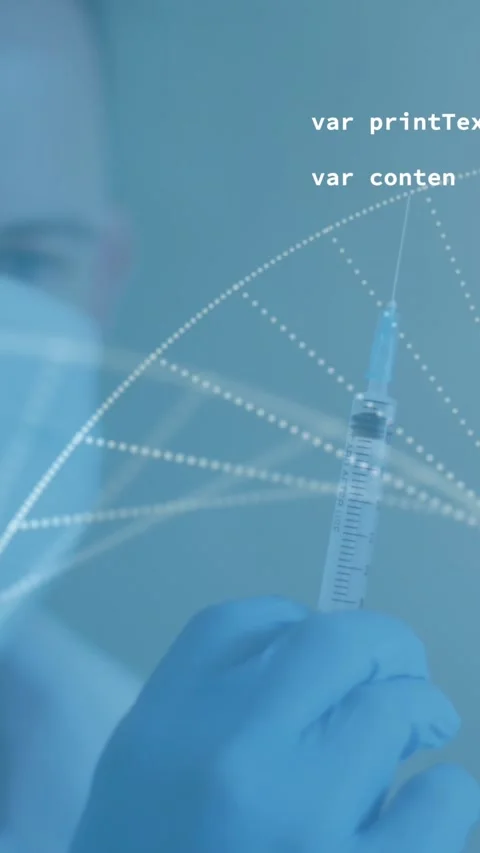 Dna structure spinning against male doctor tapping on syringe to remove air Stock Footage 331649643