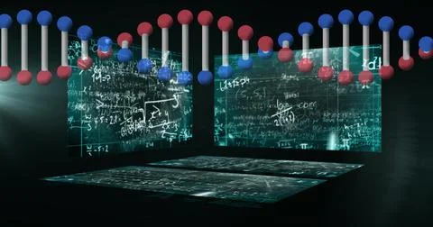 Dna structure spinning against mathematical equations against black background Stock Illustration