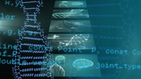 Dna structure spinning against screens on medical data processing against blue Video stock 150853693