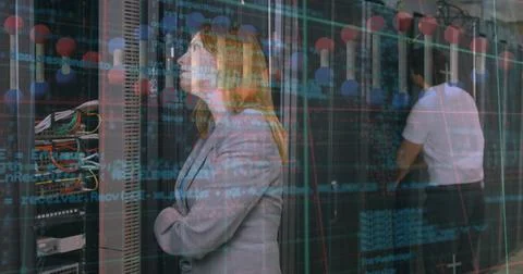 Dna structure spinning and data processing against caucasian female engineer 스톡 사진