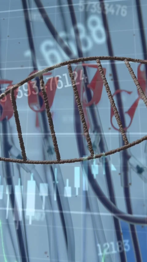 Dna structure spinning and financial data processing against close up of Stock Footage 324022676
