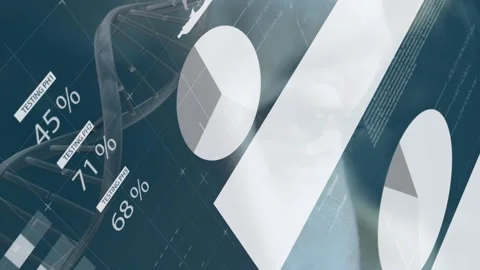 Dna structure spinning and statistical data processing against close up of Stock Footage 328641025