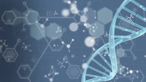 Dna structure spinning over molecular and chemical structures floating against Video stock 150854522