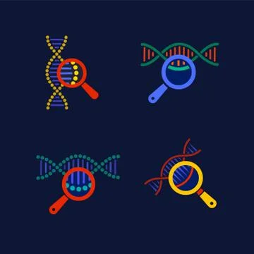 DNA testing icons set. DNA chain in magnifying glass sign. Illustrazione stock