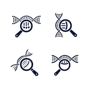 DNA testing icons set. DNA chain in magnifying glass sign. Stock Illustration