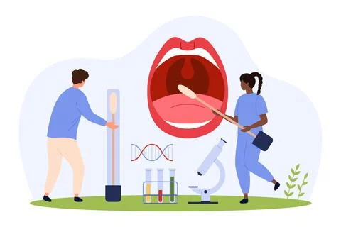 DNA tests, genetic research technology by tiny people holding long buccal cotton 스톡 일러스트