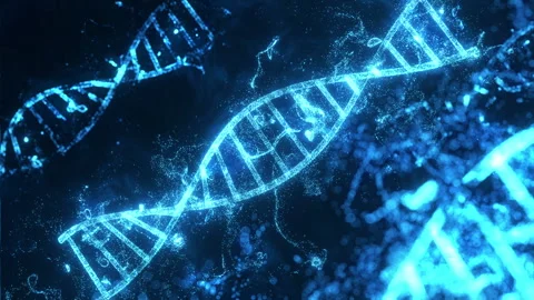 DNA transmission glowing rotating 3D animation on dark blue background. Stock Footage 325653244