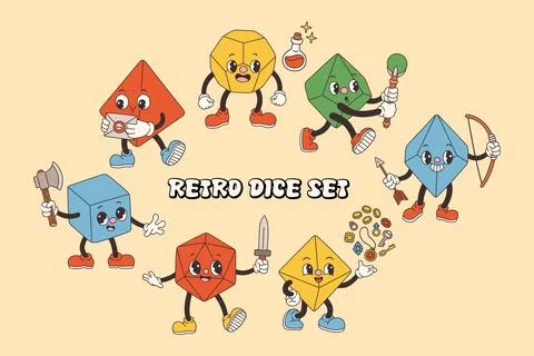 DND Dice set for Board games in old classic cartoon style, groovy RPG dice for Stock Illustration