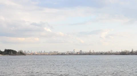 Dnieper river flows on background of northern part of Kiev Stock Footage 49669059