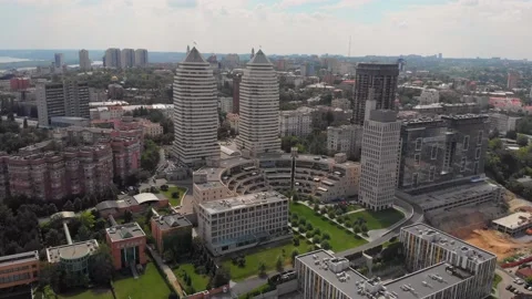 Dnipro City Ukraine aerial downtown cityscape panorama day green blue streets Stock Footage