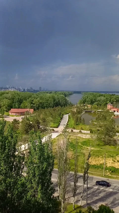 Dnipro Cityscape Under Dramatic Storm Clouds, Sunny Day, Ukraine Stock Footage 342449242