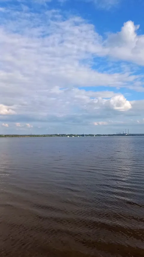 Dnipro River and Dnipro City Skyline on the Horizon, Ukraine Stock Footage 342350703