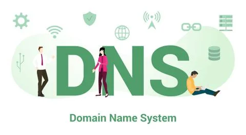 Dns domain name system concept with big word or text and team people with mod Illustrazione stock