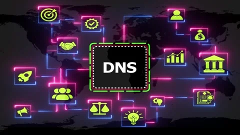 Dns networking concept with glowing digital icons. Stockbeeldmateriaal 333802818