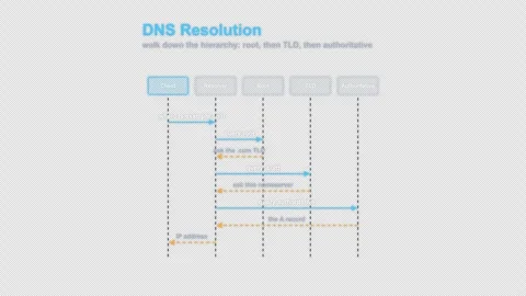DNS Resolution Labeled Protocol Sequence Diagram Animation Alpha 4K 스톡 동영상 339516939