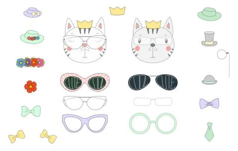 Do it yourself cat heads with glasses and accessories Stock Illustration