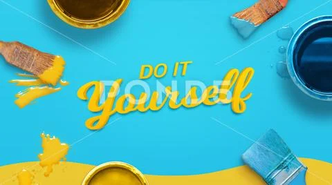Do it yourself composition with painting tools. Top view, flat lay. Stock Photos