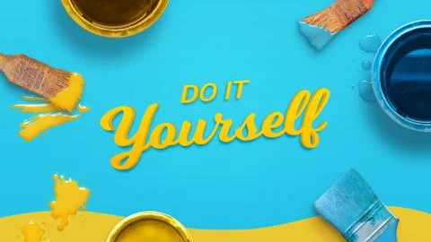 Do it yourself composition with painting tools. Top view, flat lay. Stock Photos