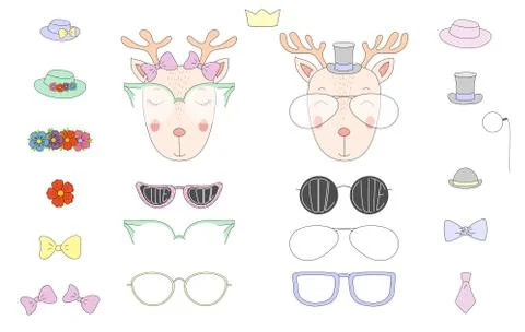 Do it yourself deer heads with glasses and accessories Stock Illustration