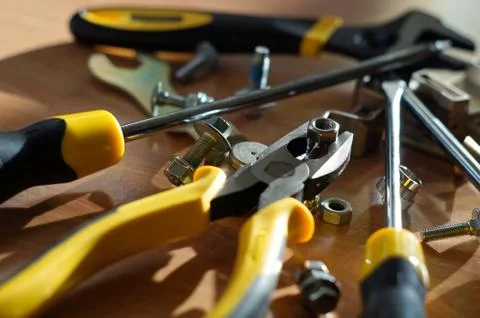Do It Yourself DIY accessories - locksmith tools, wrenches, screwdrivers, pliers Stock Photos