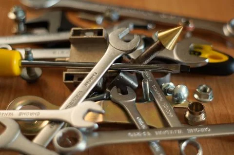 Do It Yourself DIY accessories - locksmith tools, wrenches, screwdrivers, nuts Stock Photos