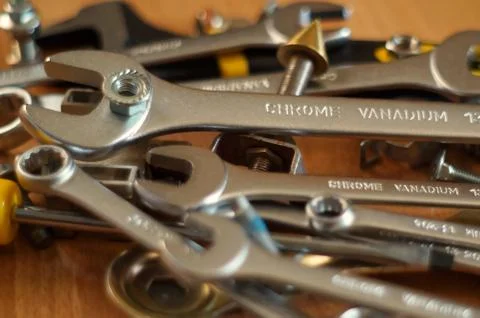 Do It Yourself DIY accessories - locksmith tools, wrenches, screwdrivers, nuts Stock Photos